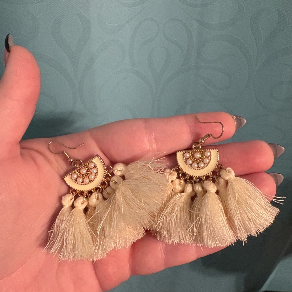 Elegant Cream Tassel Earrings